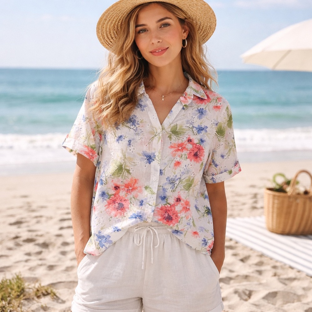 Floral Eyelet Blouse Womens Medium Short Sleeve Spring Coastal Grandma Garden